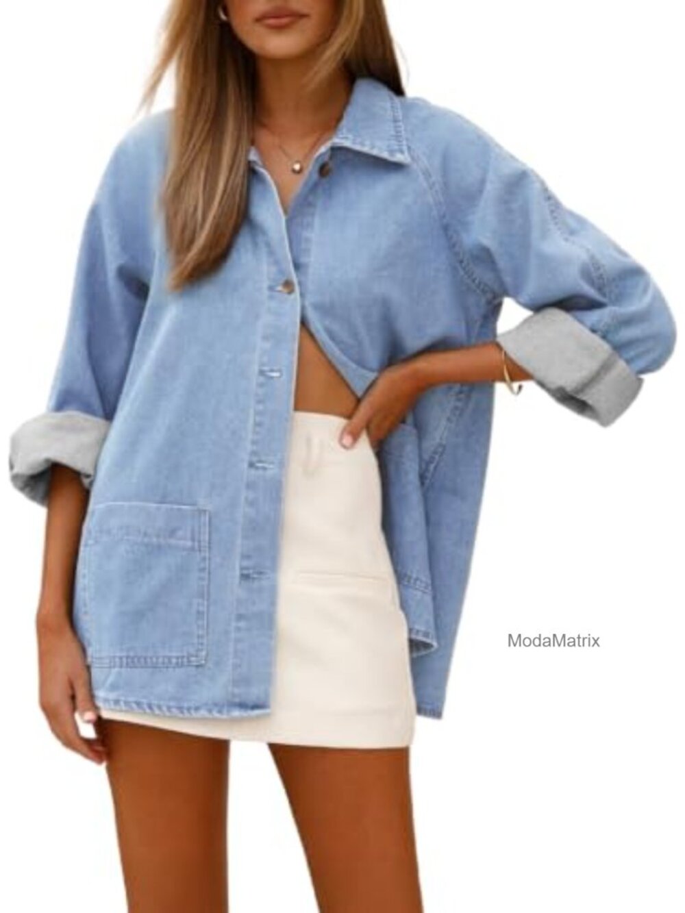Women's Denim Button Down Shirt Long Sleeve Jean Shacket with Pockets